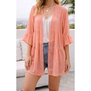 Cato Coral Swiss Dot Kimono Cardigan L Boho Tiered Ruffle Sleeve Cover Up